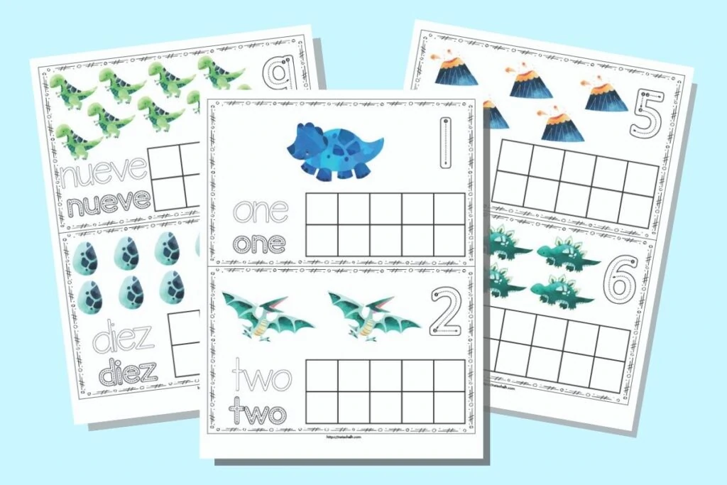 Three free printable dinosaur themed ten frame printable pages. Each page has two ten frames with dinosaurs and a blank ten frame. Two pages are shown in English (1 & 2, 5 &6) and one in Spanish (9 &10)