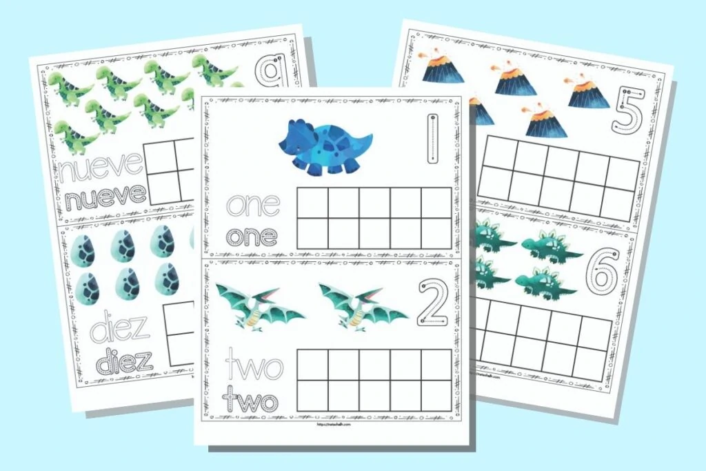 free printable dinosaur ten frames in spanish english the artisan life