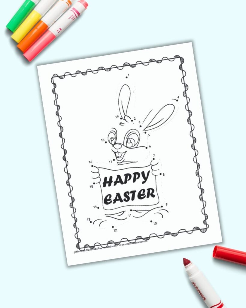 A free printable easter banner connect the dots 1-19 image with a bunny holding a sign that reads "happy easter"