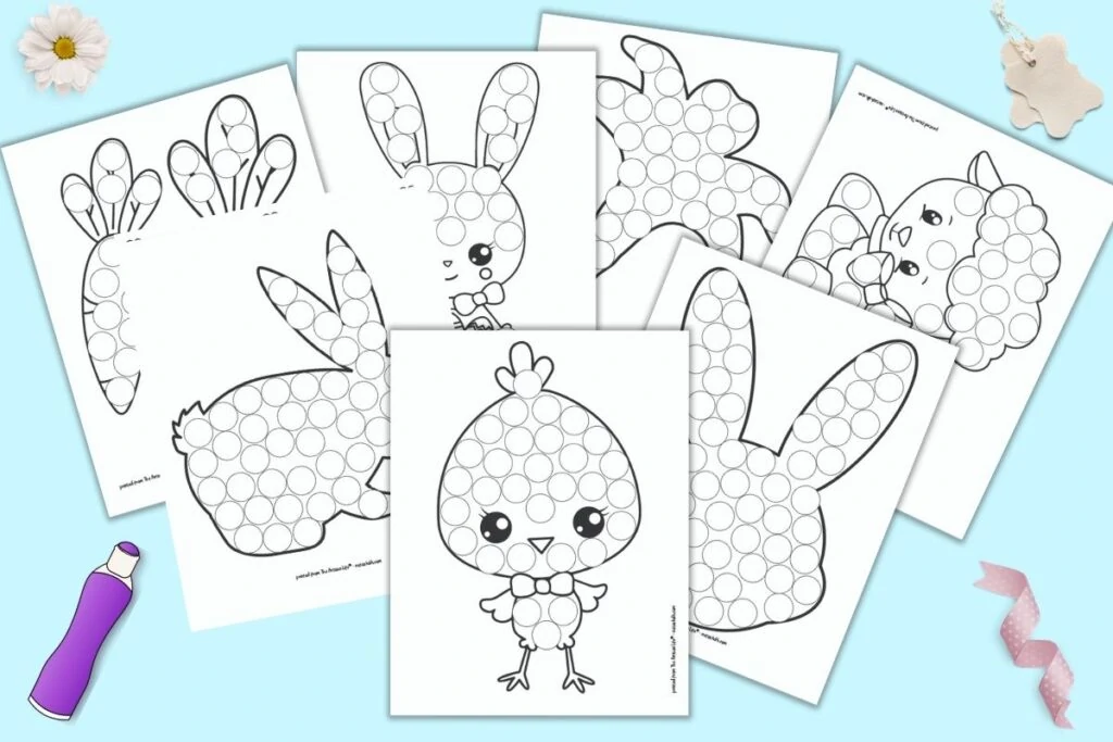 Seven printable Easter themed do a dot printables. Each page has a black and white Easter image with white circles to dot in using a bingo dauber style marker. Pictures include bunnies, chicks, a lamb, an Easter lily, and carrots.