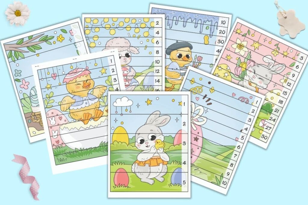 Seven number order puzzles for preschool and kindergarten with an Easter theme. Puzzles have 5 or 10 pieces to cut apart and build so the displayed numbers are in the correct order. Images are pastel colored pictures of cute Easer bunnies, ducks, and a lamb on outdoor Easter backgrounds.