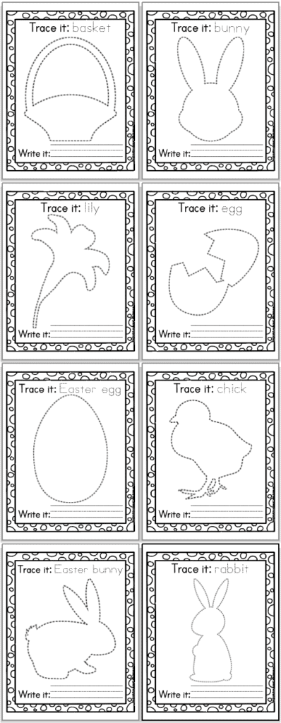 Eight printable Easter tracing pages for preschoolers and kindergarteners. The pages are in a 2x4 grid. Each page has an Easter related image to trace, the vocabulary word in a doted font to trace, and blank lines for independent writing. 
