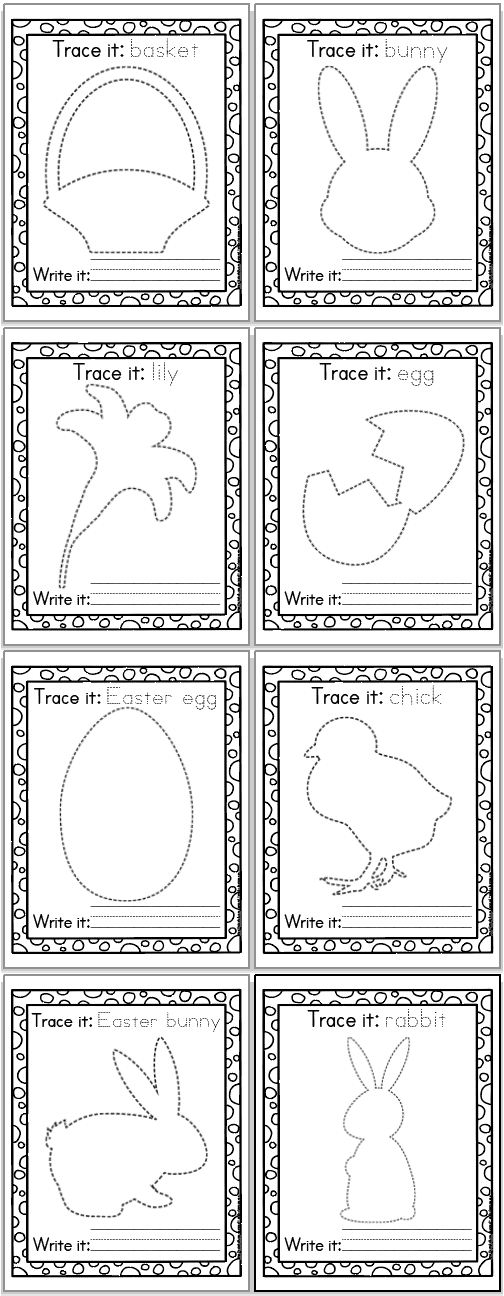 Eight printable Easter tracing pages for preschoolers and kindergarteners. The pages are in a 2x4 grid. Each page has an Easter related image to trace, the vocabulary word in a doted font to trace, and blank lines for independent writing.