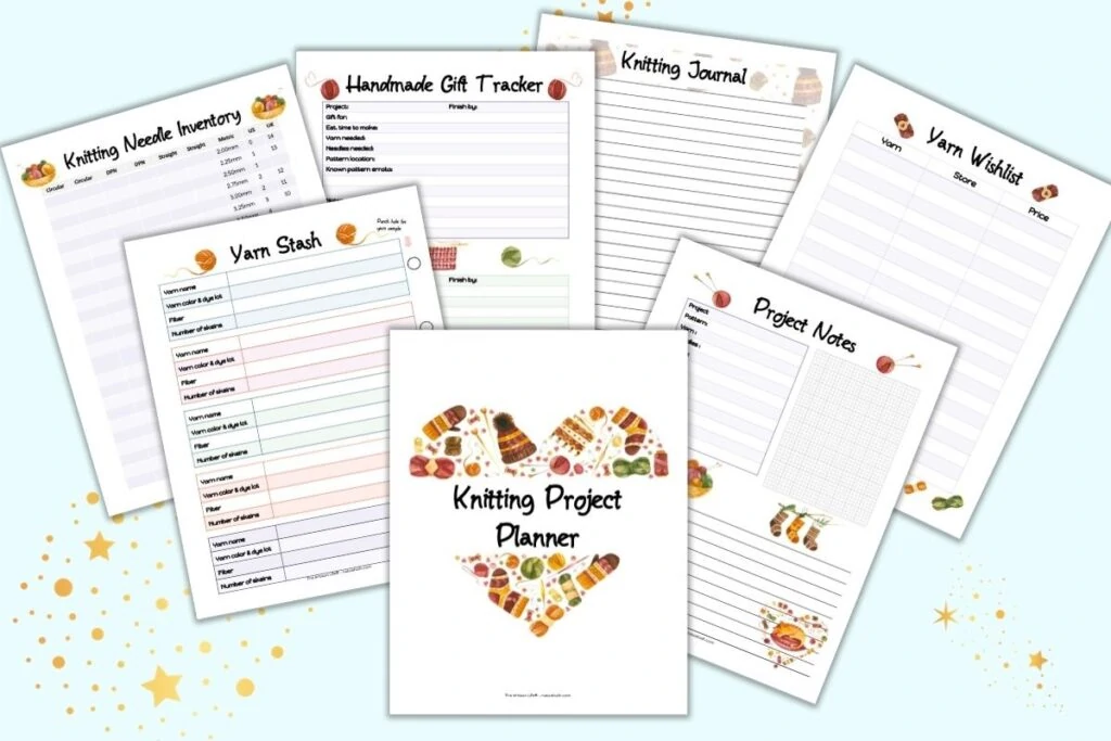 A flatlay preview of 7 printable knitting planner pages. Pages include a cover sheet, project notes, yarn wishlist, knitting journal, handmade gift tracker, yarn stash inventory, and knitting needle inventory.