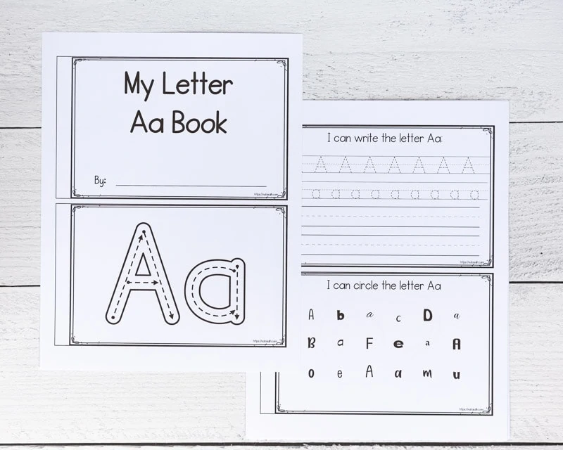 two printed sheets for a letter a book. Each sheet has two pages to cut apart with the letter a to trace and circle
