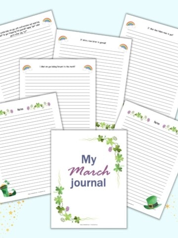 seven printable March journal pages. Each page is lined and has a writing prompt on top. At the front and center of the preview is a front cover page reading "My March journal"
