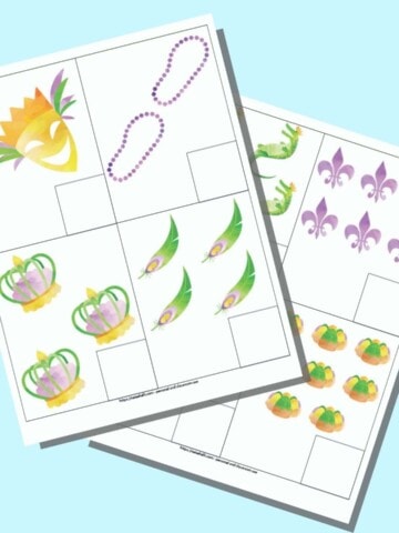 A preview of two pages of printable Mardi Gras themed counting cards. Each page has four cards to cut out. Each card has a number of items 1-8 and a box in the lower right corner for writing the number.