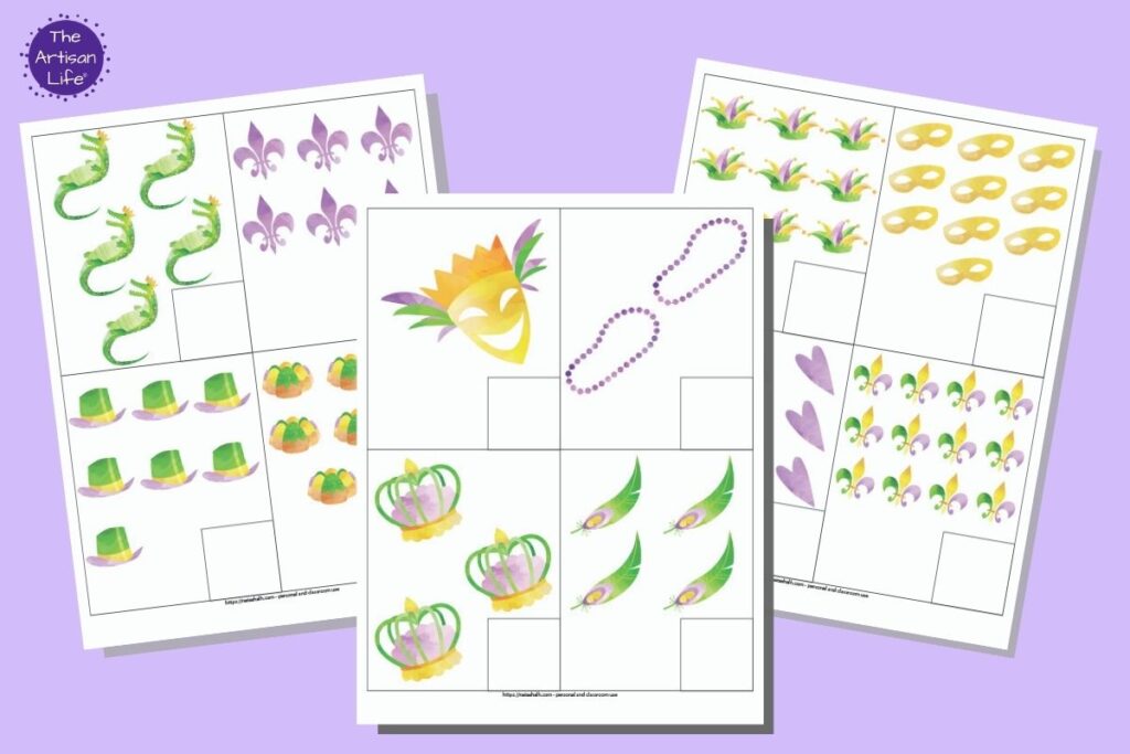 A preview of three pages of printable Mardi Gras themed counting cards. Each page has four cards to cut out. Each card has a number of items 1-12 and a box in the lower right corner for writing the number. 