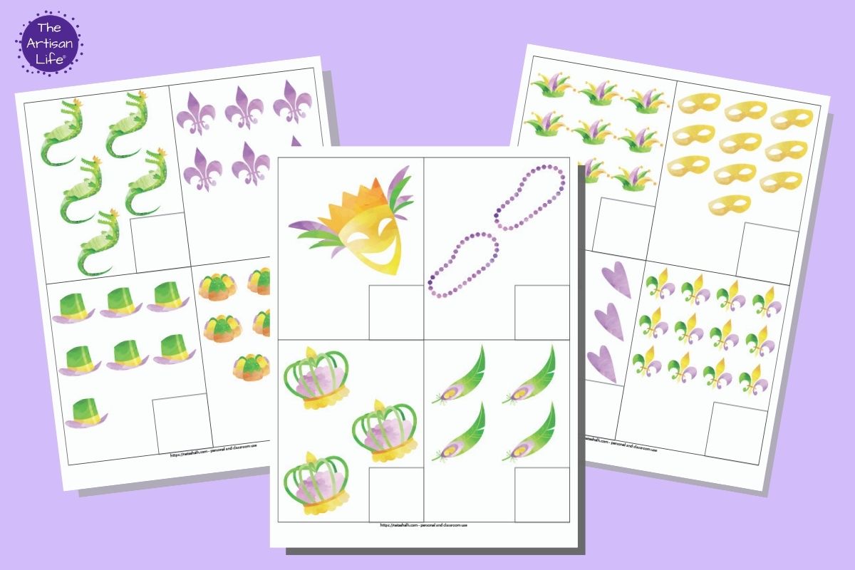 A preview of three pages of printable Mardi Gras themed counting cards. Each page has four cards to cut out. Each card has a number of items 1-12 and a box in the lower right corner for writing the number.