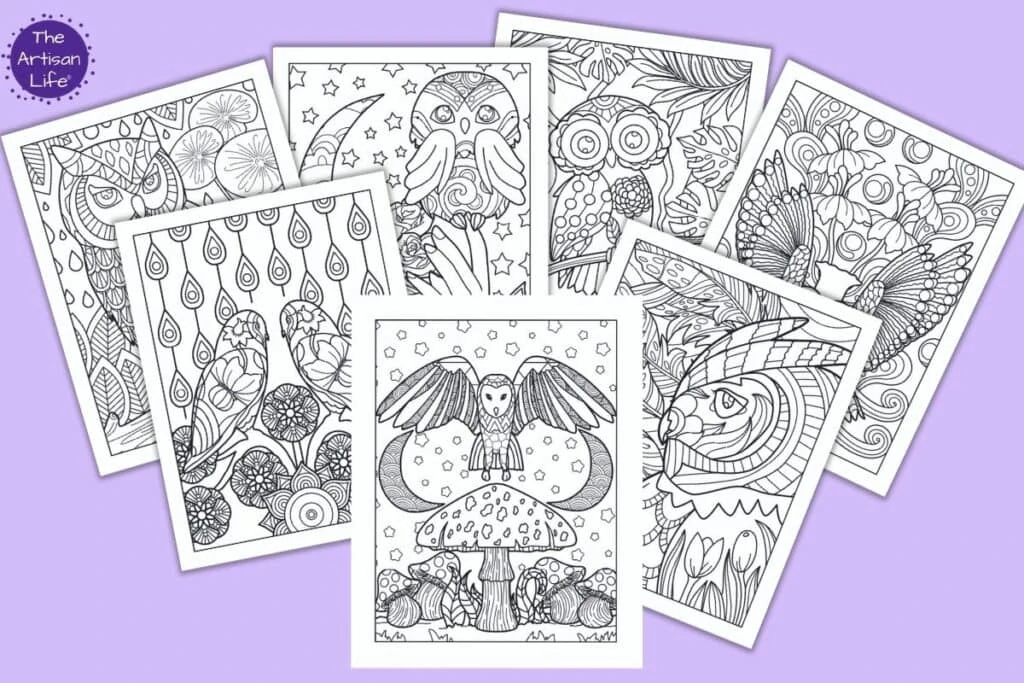 A preview of 7 printable detailed owl coloring pages for adults on a purple background. The front and center owl is above a mushroom with two crescent moons and stars in the background. Behind are more coloring pages with owls featuring both close ups and more broad views of owls with floral backgrounds to color.