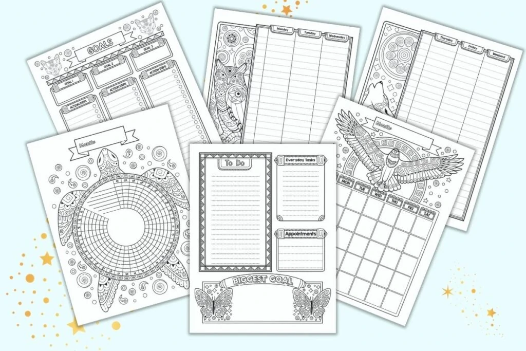 A preview of six printable bullet journal style planner pages with spirit guide animals. Pages include a daily planner page, habit tracker, monthly calendar, two page weekly spread, and goals tracker page. Each page features black and white drawings with spirit animals to color, including butteries, a turtle, an eagle, a wolf, and owl, and pumas.