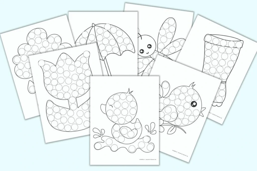 A preview of 7 printable spring themed do a dot pages. Each page has a large black and white image with circles to color with dab it markers. Images include a duck, a bird, a rain boot, a dragonfly, an umbrella, a tulip, and a raincloud