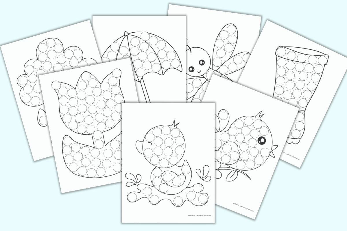 A preview of 7 printable spring themed do a dot pages. Each page has a large black and white image with circles to color with dab it markers. Images include a duck, a bird, a rain boot, a dragonfly, an umbrella, a tulip, and a raincloud