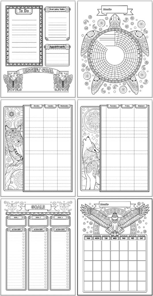 A 2x3 grid of printable planner pages.  Pages include a daily planner page, habit tracker, monthly calendar, two page weekly spread, and goals tracker page. Each page features black and white drawings with spirit animals to color, including butteries, a turtle, an eagle, a wolf, and owl, and pumas.