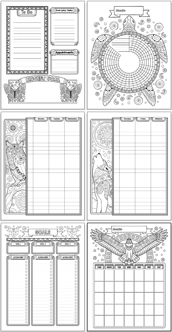 A 2x3 grid of printable planner pages. Pages include a daily planner page, habit tracker, monthly calendar, two page weekly spread, and goals tracker page. Each page features black and white drawings with spirit animals to color, including butteries, a turtle, an eagle, a wolf, and owl, and pumas.