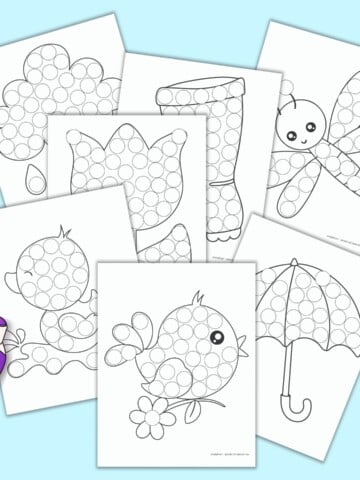 A preview of 7 printable spring themed do a dot pages. Each page has a large black and white image with circles to color with dab it markers. Images include a duck, a bird, a rain boot, a dragonfly, an umbrella, a tulip, and a raincloud. The previews are on a blue background with a purple illustrated marker.