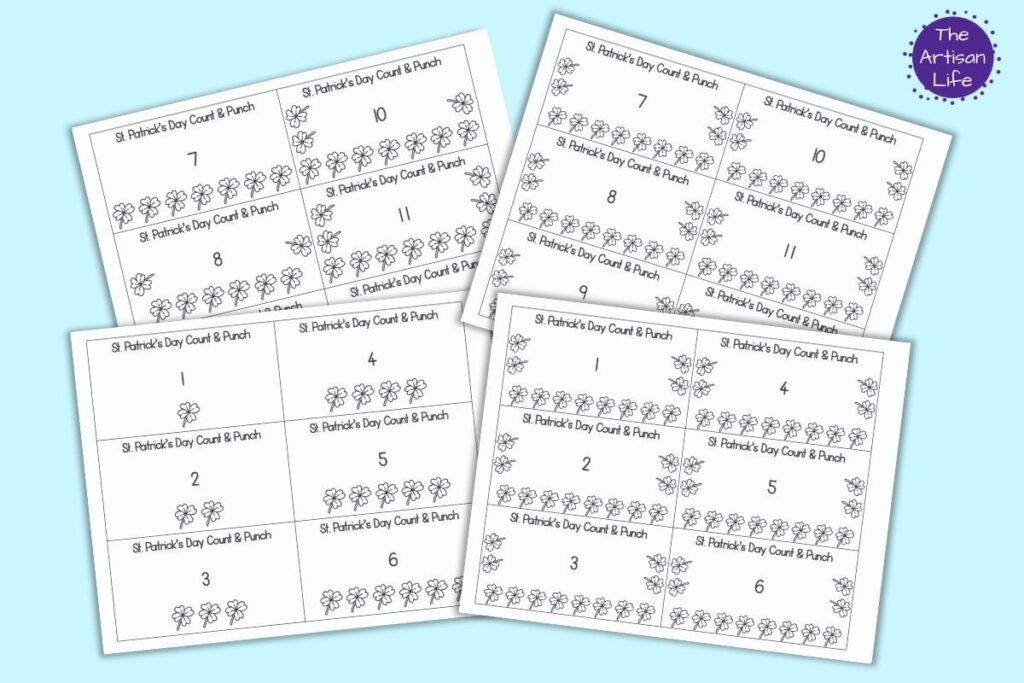 A preview of four pages of printable St. Patrick's Day themed count and punch cards for preschoolers. Each page has 6 cards with a number 1-12 and shamrocks to punch.