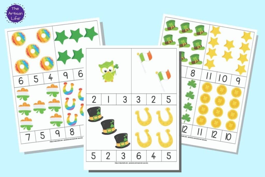 Three printable pages of St. Patrick's Day themed count and clip cards. Each page has four cards to cut out with a quantity of items 1-12 on the card and three numbers below for a child to select the correct number of items shown. 