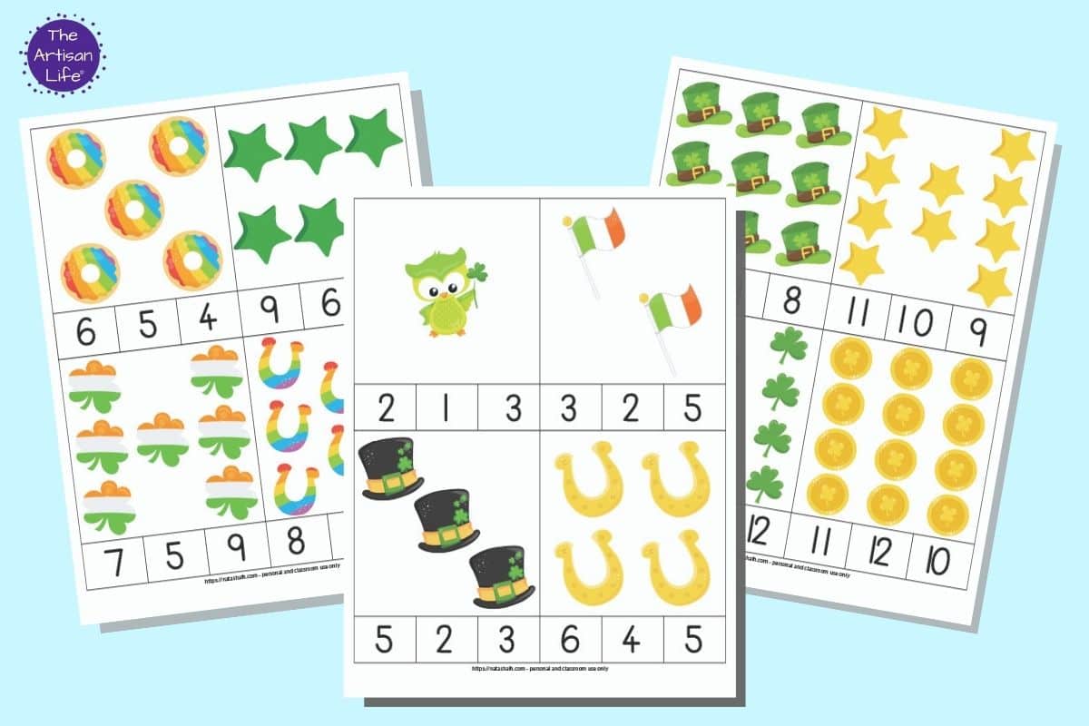 Three printable pages of St. Patrick's Day themed count and clip cards. Each page has four cards to cut out with a quantity of items 1-12 on the card and three numbers below for a child to select the correct number of items shown.