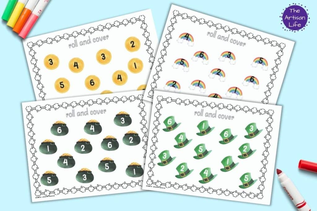 a preview of four printable St. Patrick's Day roll and cover printables. Each page has 12 St. Patrick's Day clipart images. Each image has a number 1-6. Images include hats, pots of gold, coins, and rainbows. There are children's colorful markers along the sides of the printables.