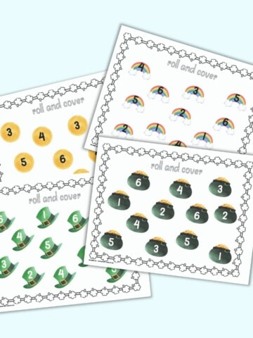 a preview of four printable St. Patrick's Day roll and cover printables. Each page has 12 St. Patrick's Day clipart images. Each image has a number 1-6. Images include hats, pots of gold, coins, and rainbows.