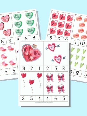 A preview of three printable Valentine's Day count and clip card pages. Each page has four cards with Valentine's Day images and three numbers 1-12 along the bottom edge. The pages are on a light blue background.