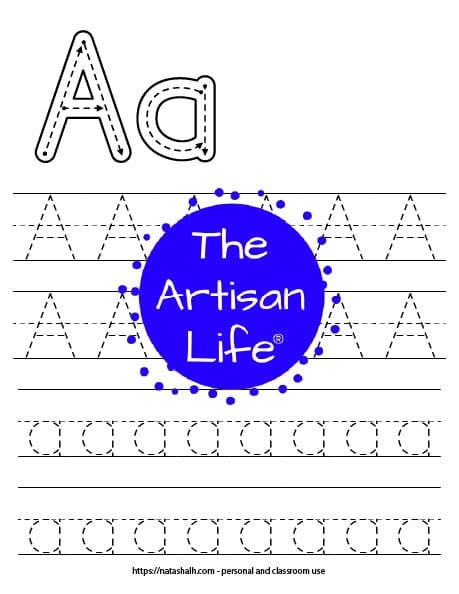 a printable letter a tracing page with correct letter formation graphics