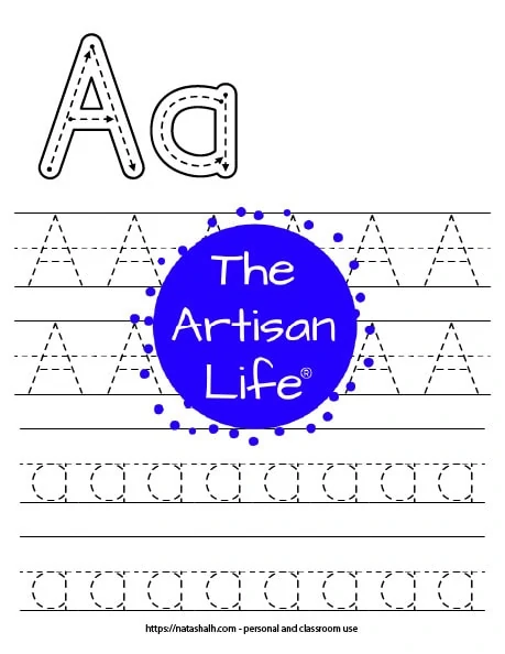 a printable letter a tracing page with correct letter formation graphics