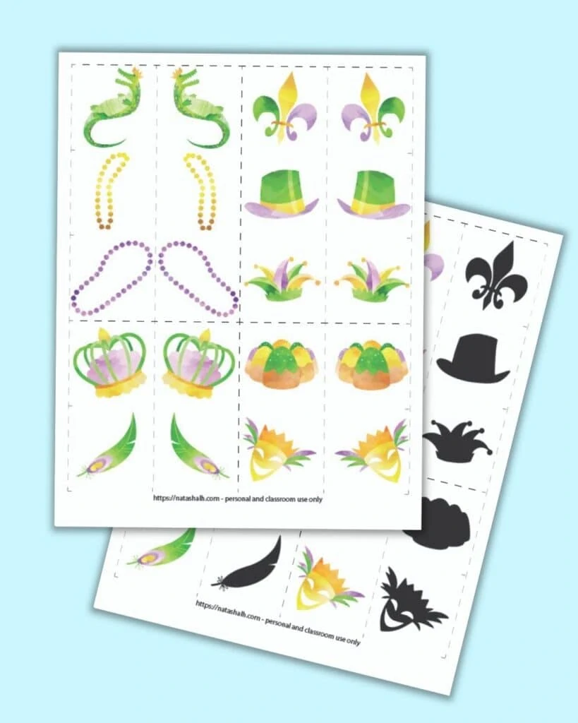 A preview of a mirror image matching game and a shadow matching game with a mardi gras theme. Each page has 10 images in dotted squares to cut out and use as game tiles for matching or memory.