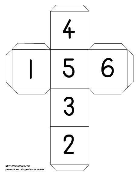 A printable die template to cut out and assemble. Instead of dots, each face has numerals. 