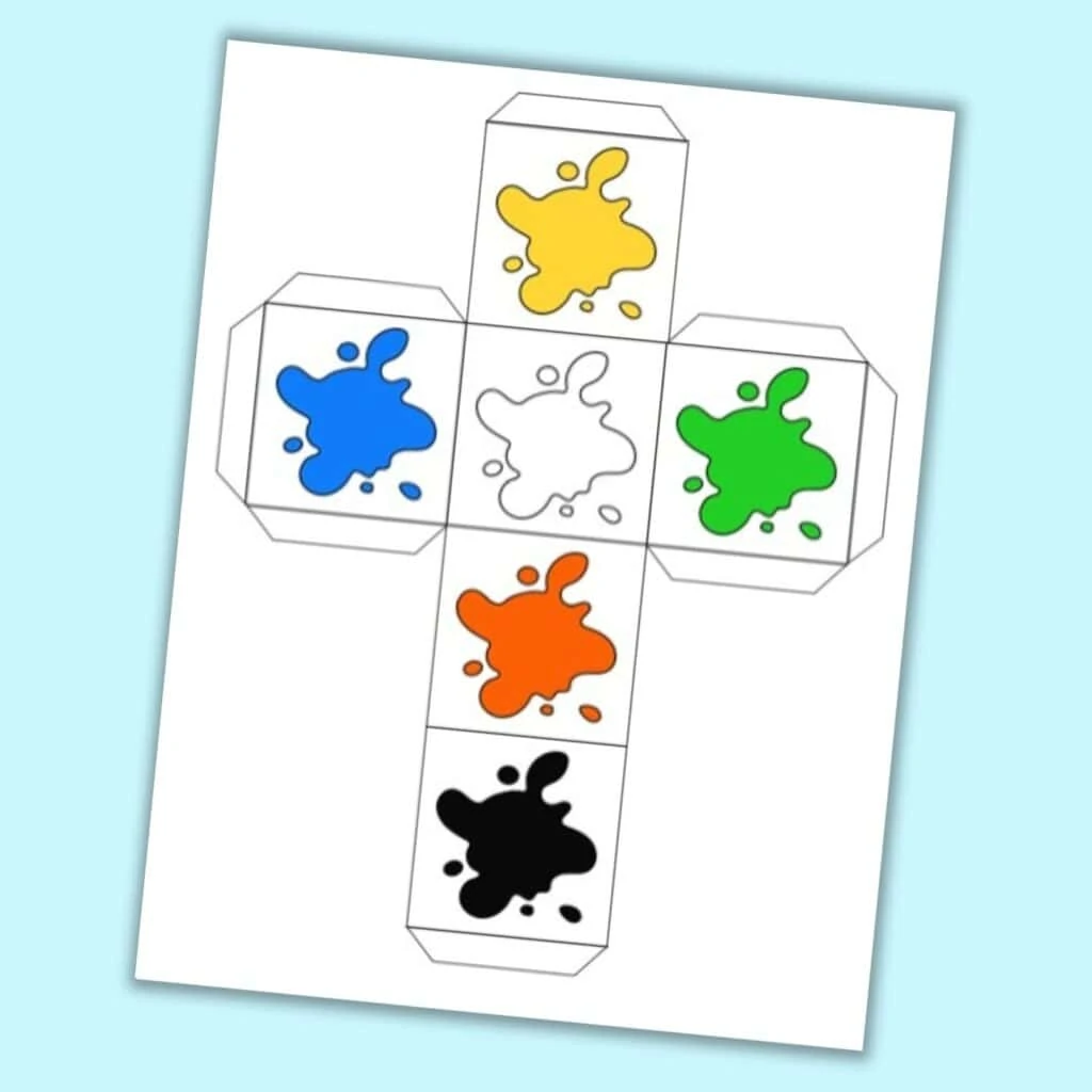 A printable die with colorful paint splashes instead of numbers.