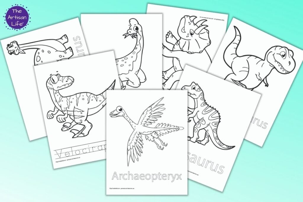 Seven printable dinosaur coloring pages with names. Dinosaurs include: Archaeopteryx, Allosaurus, T-Rex, Velociraptor, Apatosaurus, Triceratops, and Brachiosaurus 