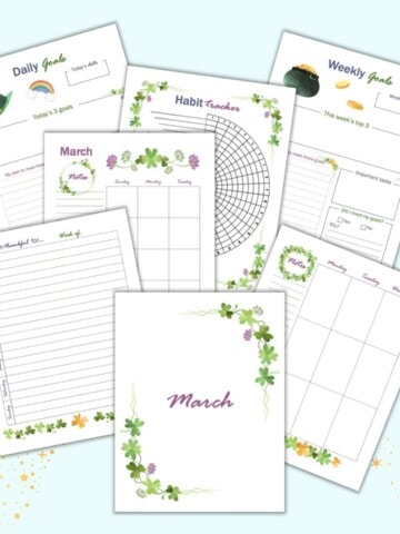 seven printable planner inserts for March including a cover page, gratitude journal page, weekly page, monthly page, goals pages, and habit tracker