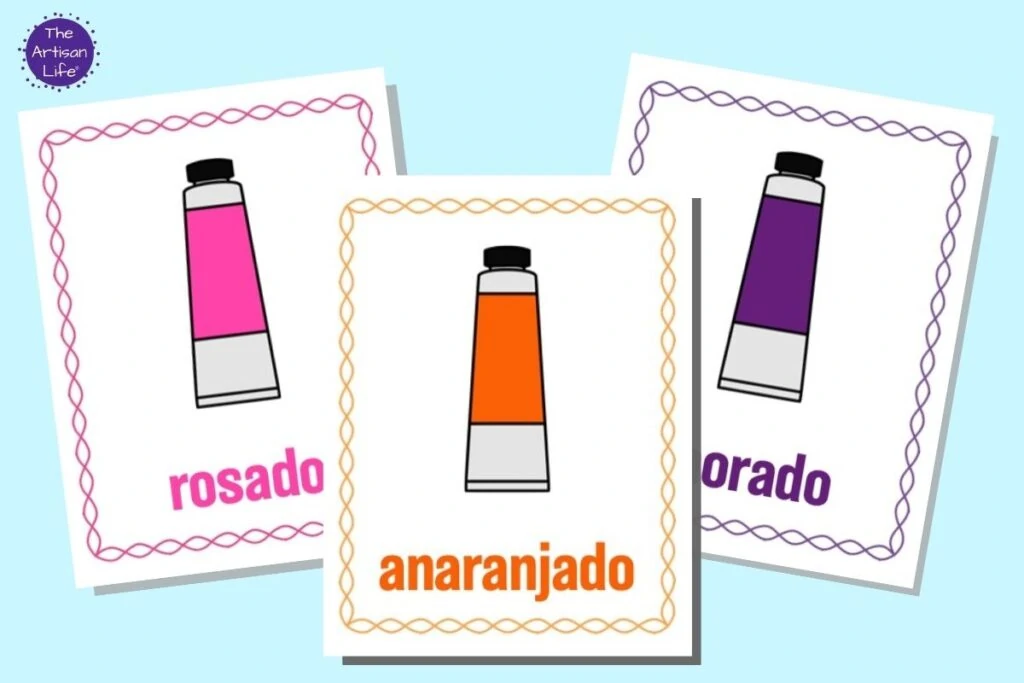 Three printable color posters in Spanish. Each page has a cartoon tube of paint, the color's name, and a border in the same color. Colors are orange, pink, and purple.