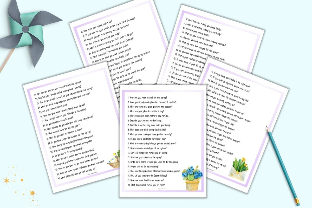 A flatlay preview of five printable pages. Each page has a purple border and 20 journal prompts for spring with a piece of floral watercolor clipart in the bottom right corner of the page.