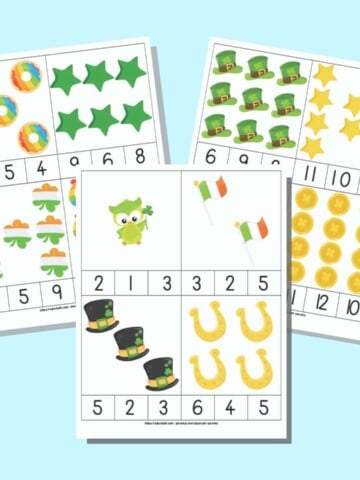 A preview of three printable counting clip cards with a child-friendly St. Patrick's Day theme. Each page has four count and clip cards to cut out with a quantity of items 1-12.