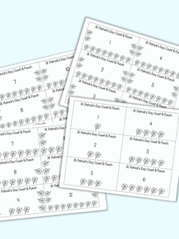 A preview of four pages of printable St. Patrick's Day themed count and punch cards for preschoolers. Each page has 6 cards with a number 1-12 and shamrocks to punch.