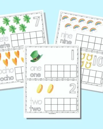 Three printable pages of St. Patrick's Day themed ten frames. Each page has two ten frames to cut apart. The cards have a blank ten frame with St. Patrick's Day clip art above and corresponding number formation graphics, the word to trace in a bubble font, and the word to trace in a correct letter formation font. The pages are on a light blue background.
