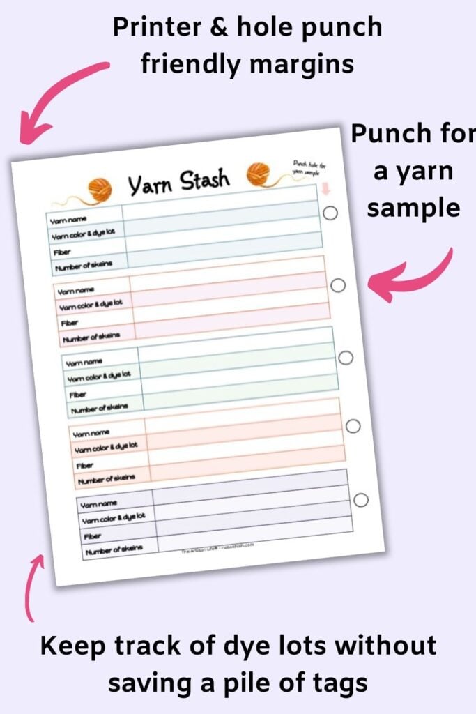 A sample printable yarn stash inventory page with captions "Printer & hole punch friendly margins, "punch for a yarn sample" and "keep track of dye lots without saving a pile of tags."