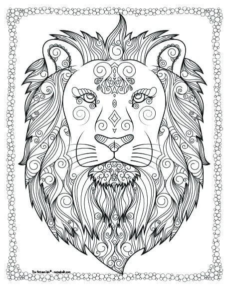 A lion face looking forward coloring page for adults with complex patterns to color and a doodle border