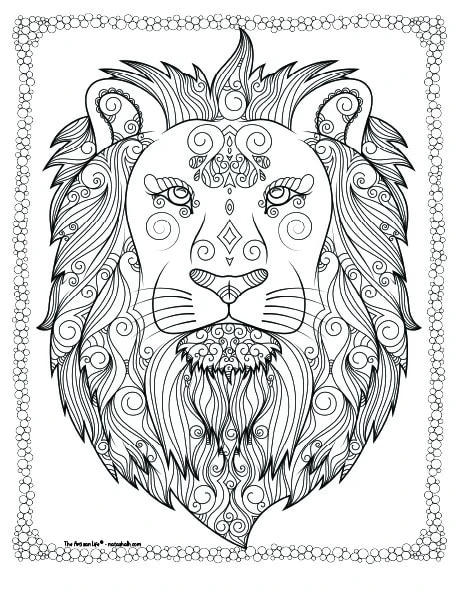 A lion face looking forward coloring page for adults with complex patterns to color and a doodle border