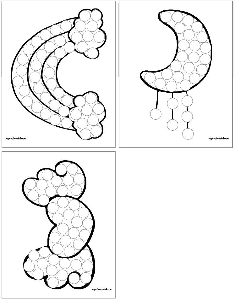 three unicorn themed dot marker coloring pages showing rainbows and hearts