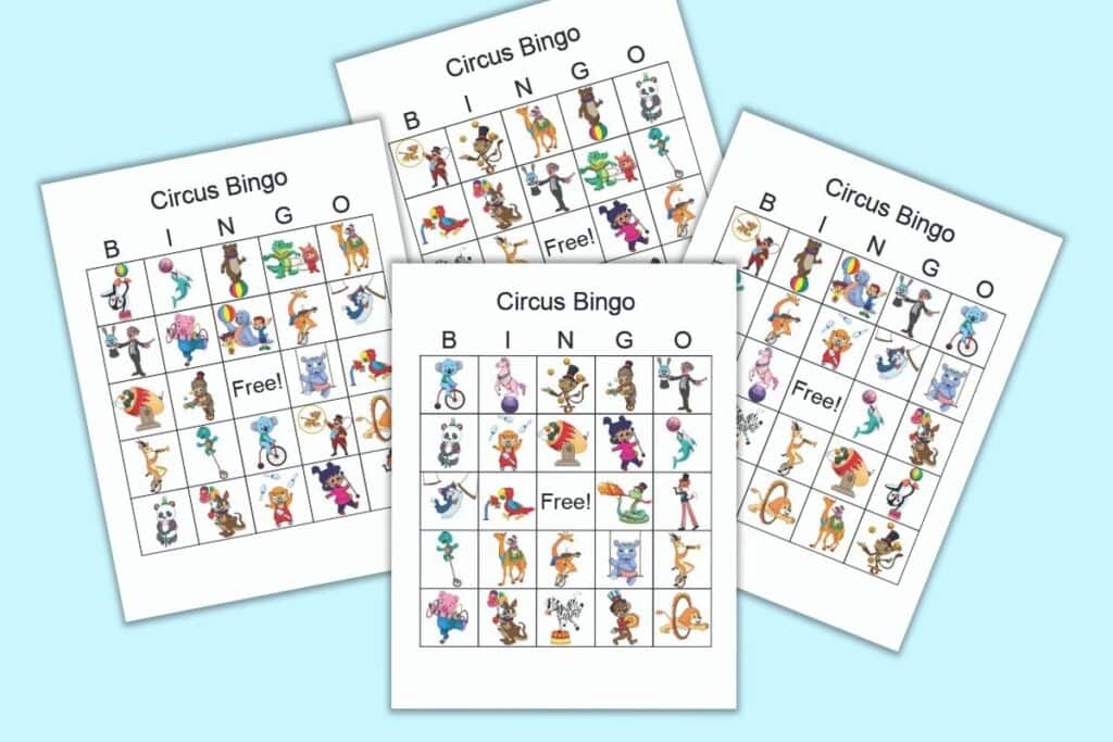 A preview of four free printable Circus themed bingo cards for children. Each page has 24 colorful animal and circus themed images with a center free space.