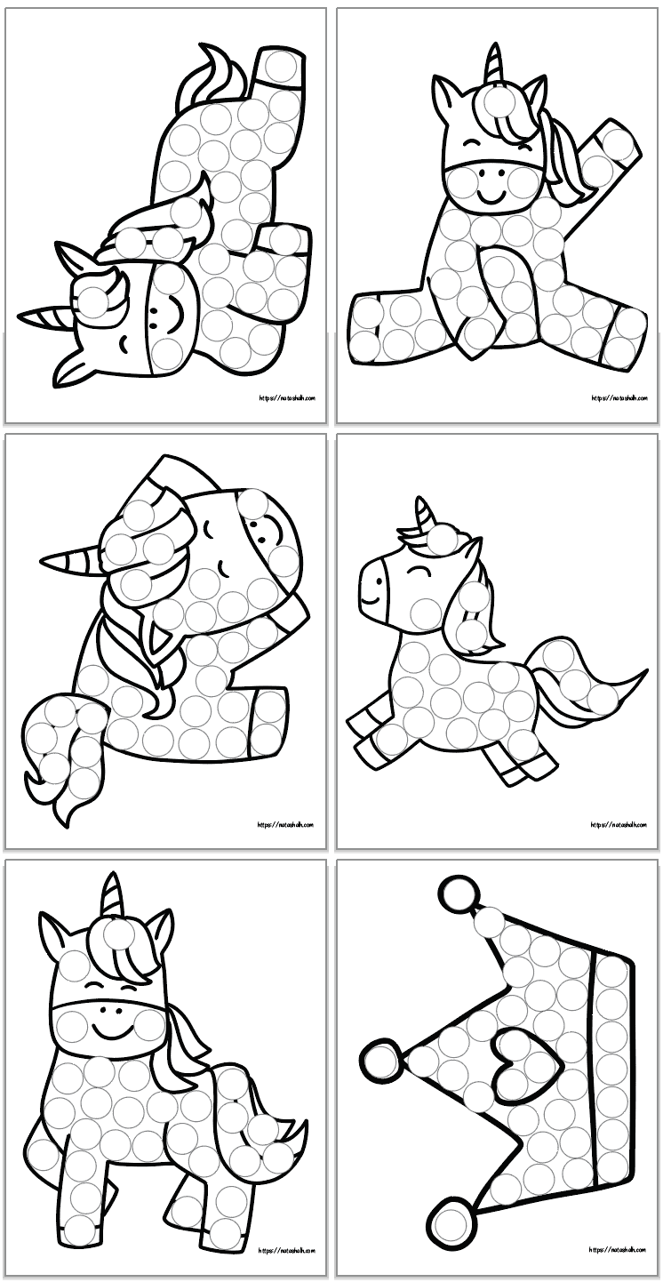 six unicorn themed dot marker coloring pages