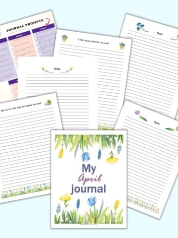 Seven pages from a printable April journal including a cover page, lined pages for journaling, and a sheet with 30 prompts on one page