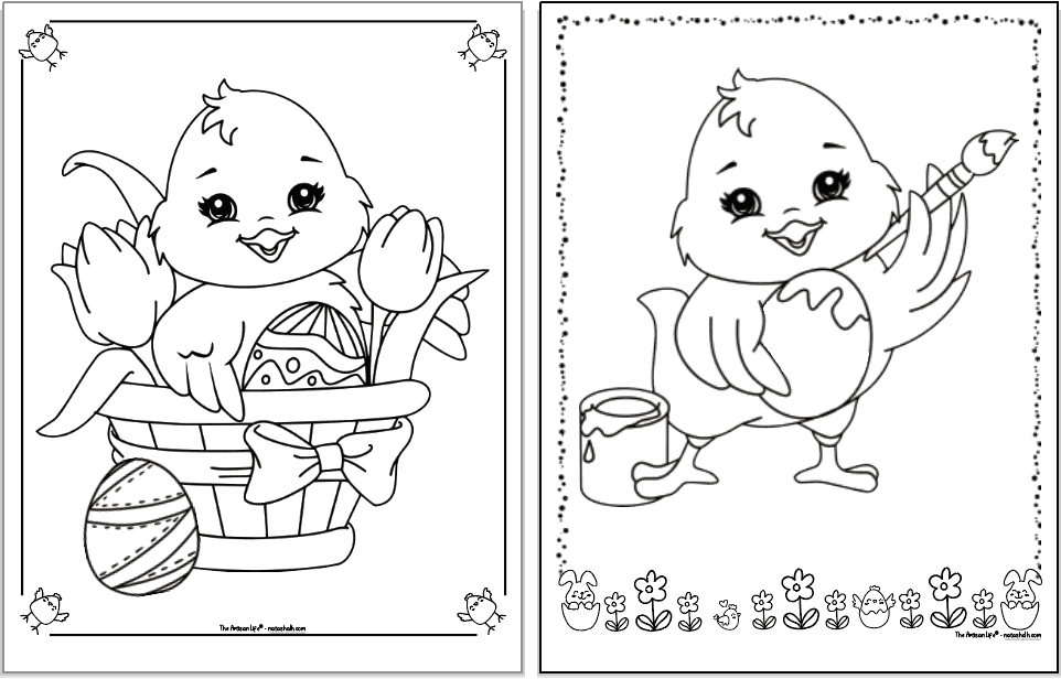 Two cute Easter chick coloring pages. Each chick is inside a decorative frame to color. The page not eh left has a chick in a basket with eggs and and two tulips. The chick on the right is panting an egg.