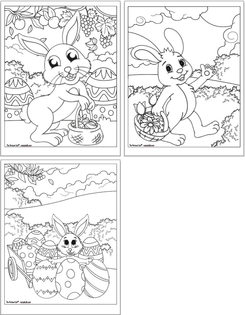 Three coloring pages with full backgrounds to color and a large Easter bunny on each page. Two bunnies are holding baskets. The bunny on the third page is sitting with a wagon of Easter eggs. 