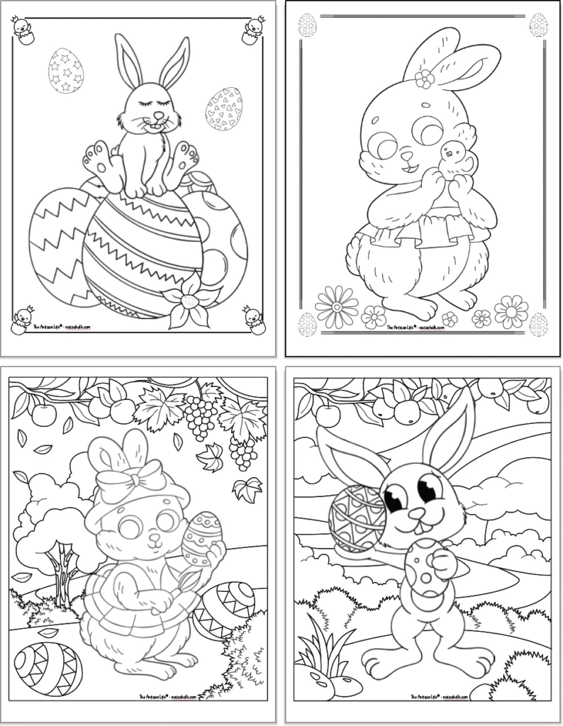 A 2x2 grid of free printable Easter bunny coloring pages. Each pave has a large Easter bunny to color and a doodle frame. Bunnies include an Easter bunny sitting on three large eggs, a bunny holding a tiny chick, a bunny painting an Easter egg, and a bunny holding two decorated eggs.