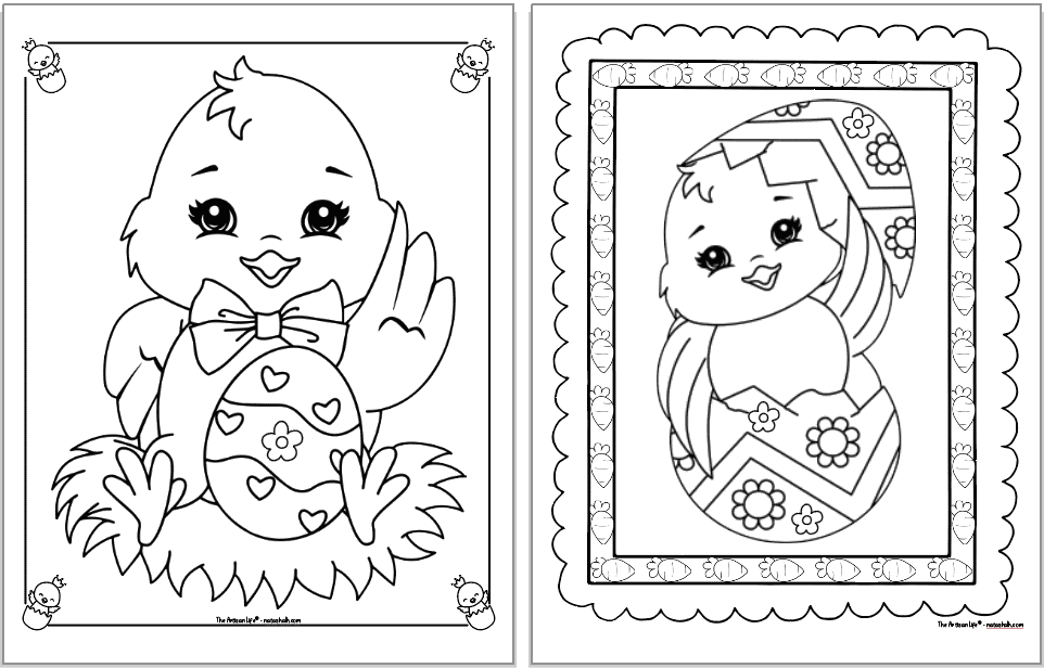 Two cute Easter chick coloring pages. Each chick is inside a decorative frame to color. The chick on the left is sitting on hay with an Easter egg. The chick on the right is coming out of an egg decorated with flowers.