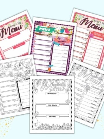Six printable menu planner pages for May and Mother's Day. Three are black and white, the other three are the same designs in color. Pages include a weekly menu planner, Mother's Day menu plan, and Mother's Day week menu plan.
